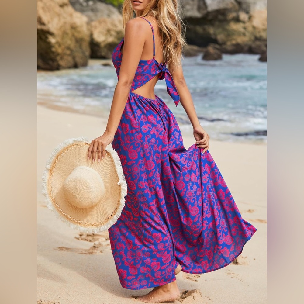 NWOT- CUPSHE Women's Maxi Dress Floral Print Twisted V Neck Blue Floral- Size L - Picture 3 of 9